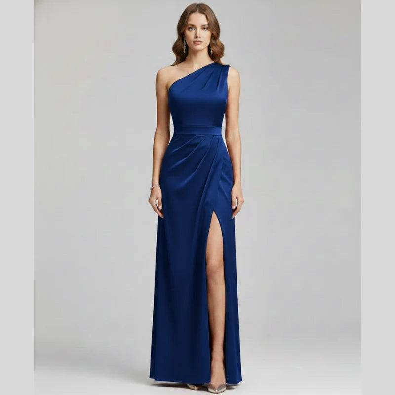 Women’s One-Shoulder Evening Gown – Elegant High-Slit Maxi Dress for Formal Glamour