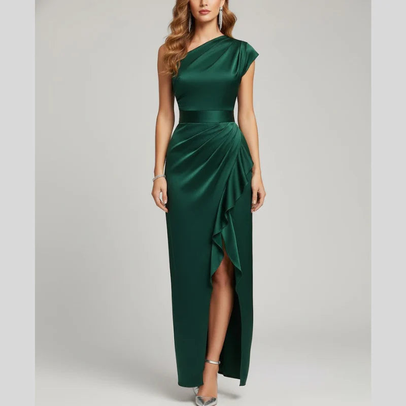 Women’s One-Shoulder Evening Gown – Elegant High-Slit Maxi Dress for Formal Glamour