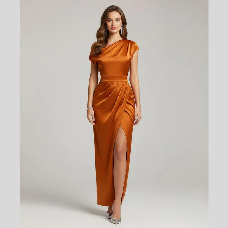 Women’s One-Shoulder Evening Gown – Elegant High-Slit Maxi Dress for Formal Glamour