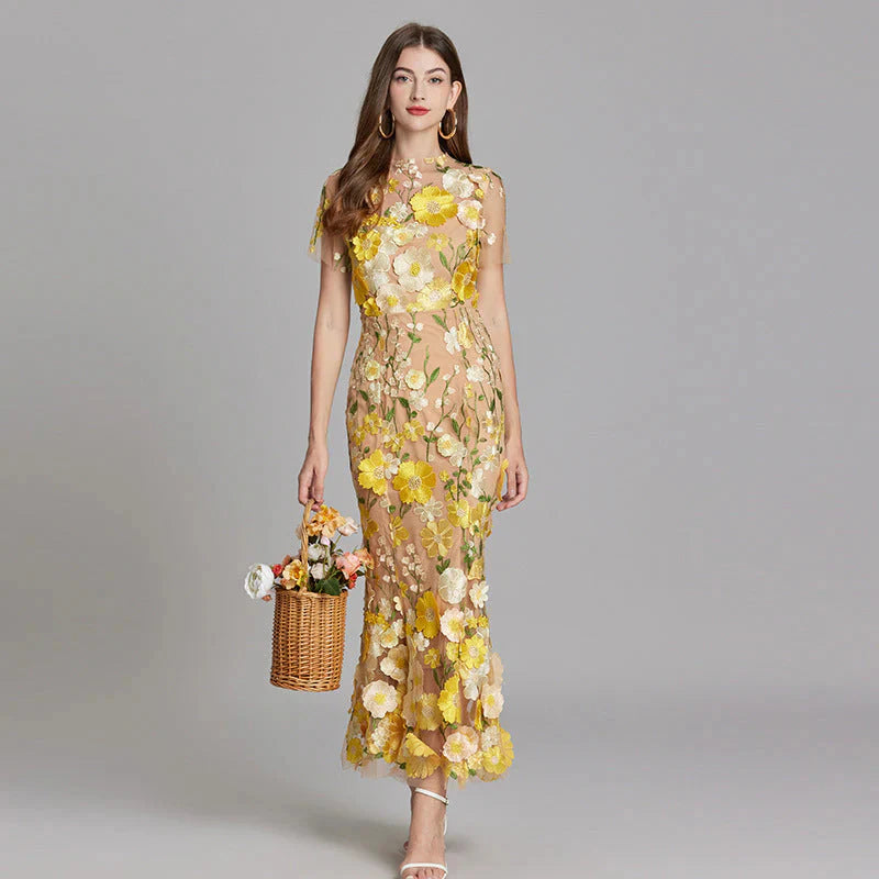 Women's Floral Midi Dress – Romantic Evening Party Outfit for Weddings & Special Events