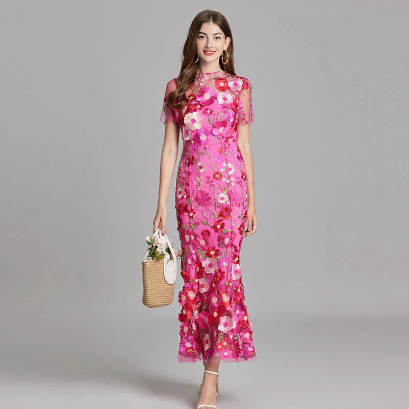 Women's Floral Midi Dress – Romantic Evening Party Outfit for Weddings & Special Events