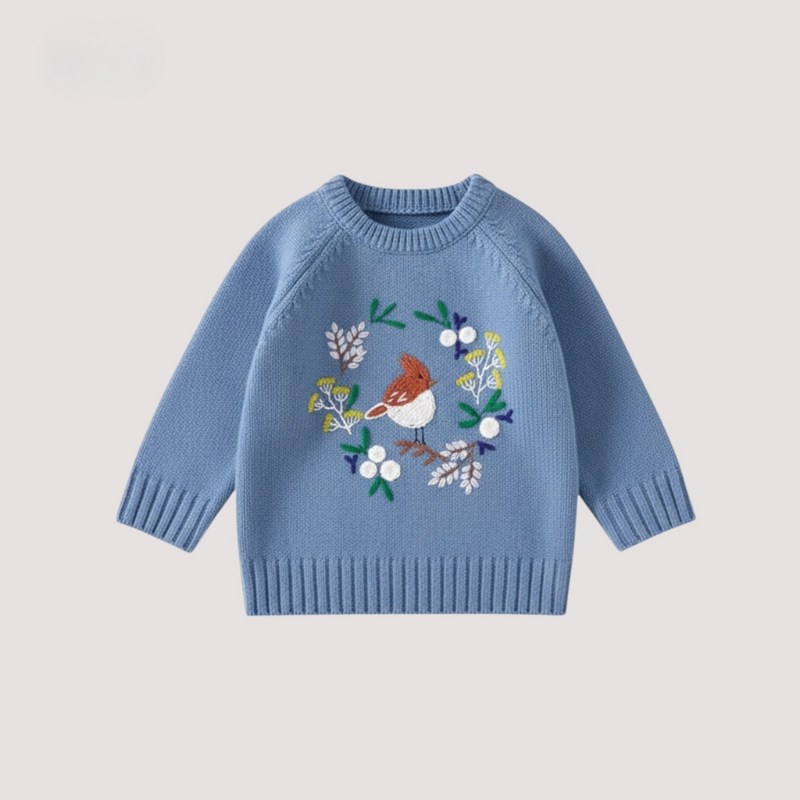 Cute girls sweater - Cozy knitted sweater with embroidered bird