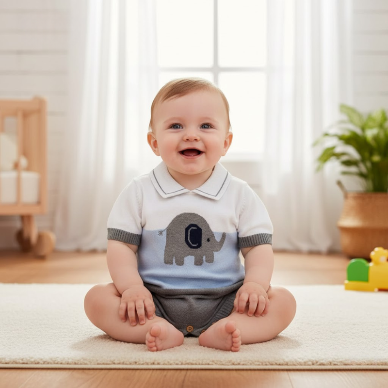 Elephant Print Baby Romper – Soft cotton pajamas for newborns to 24 months