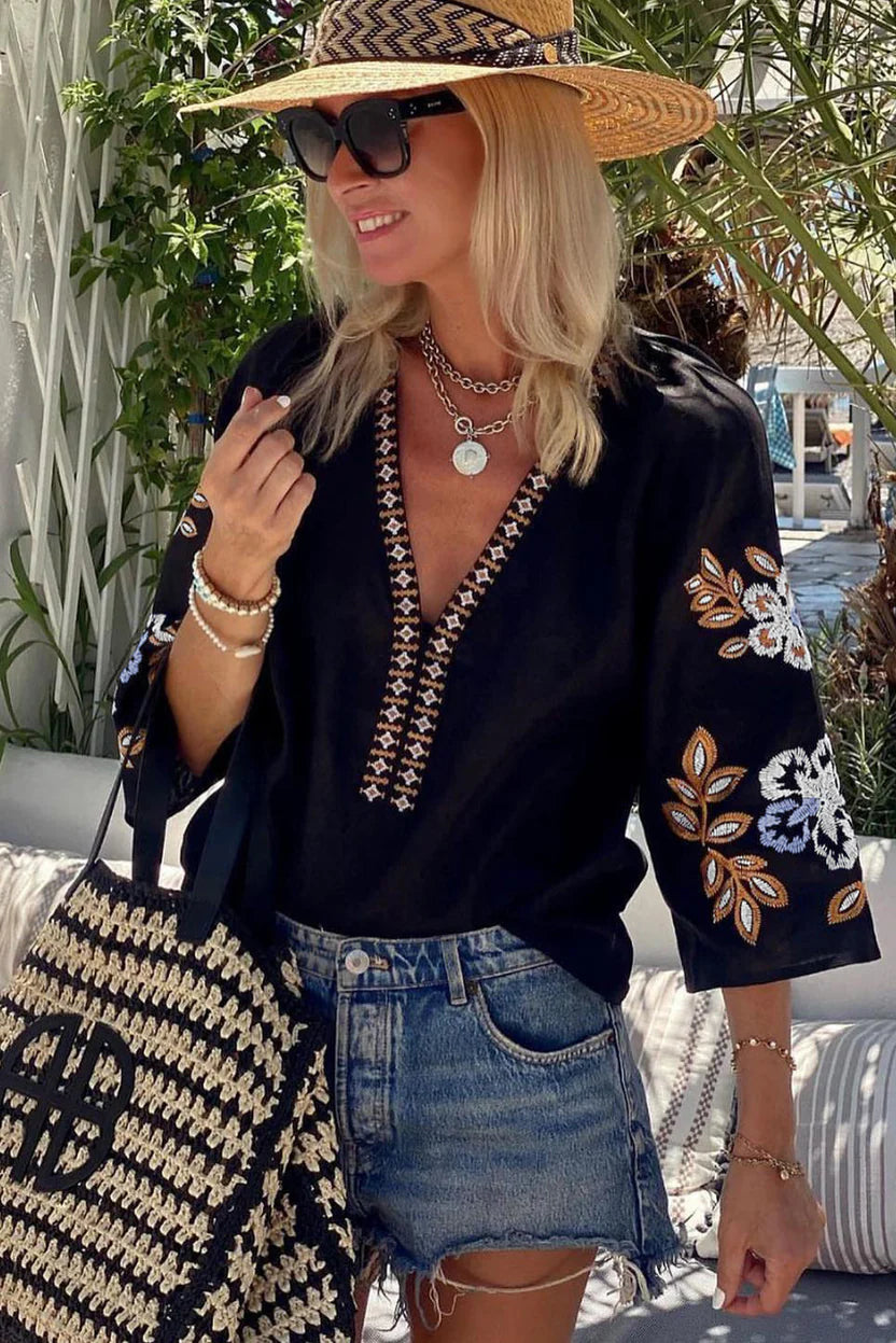 Women’s Artisan Embroidered Boho Top – Elegant Black V-Neck Blouse with Intricate Folk-Inspired Details