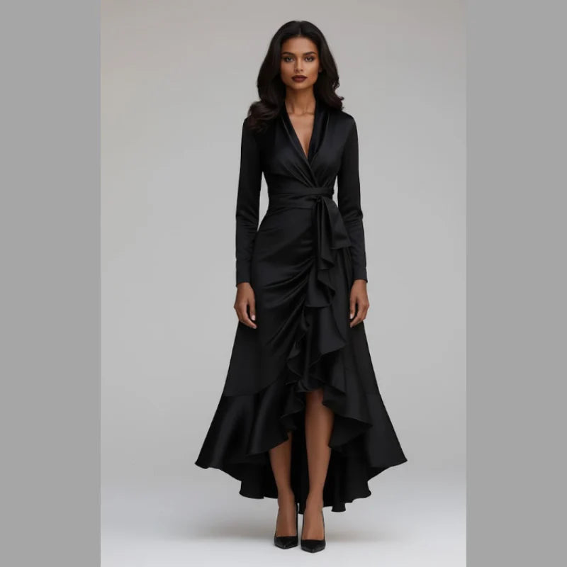 Women's V-Neck Mid-Length Dress – Feminine Party Dress for Prom Nights & Formal Celebrations