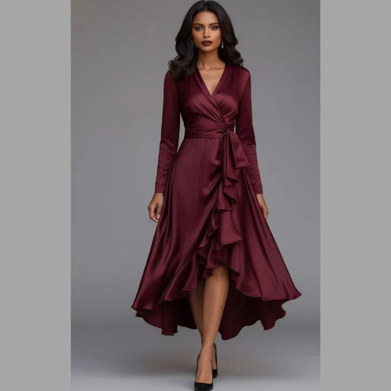 Women's V-Neck Mid-Length Dress – Feminine Party Dress for Prom Nights & Formal Celebrations