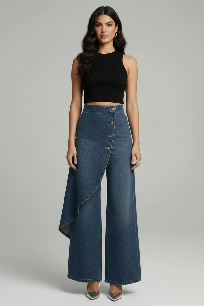 Women's High-Waist Flowing Palazzo Pants – Wrap Detail Wide-Leg Trousers