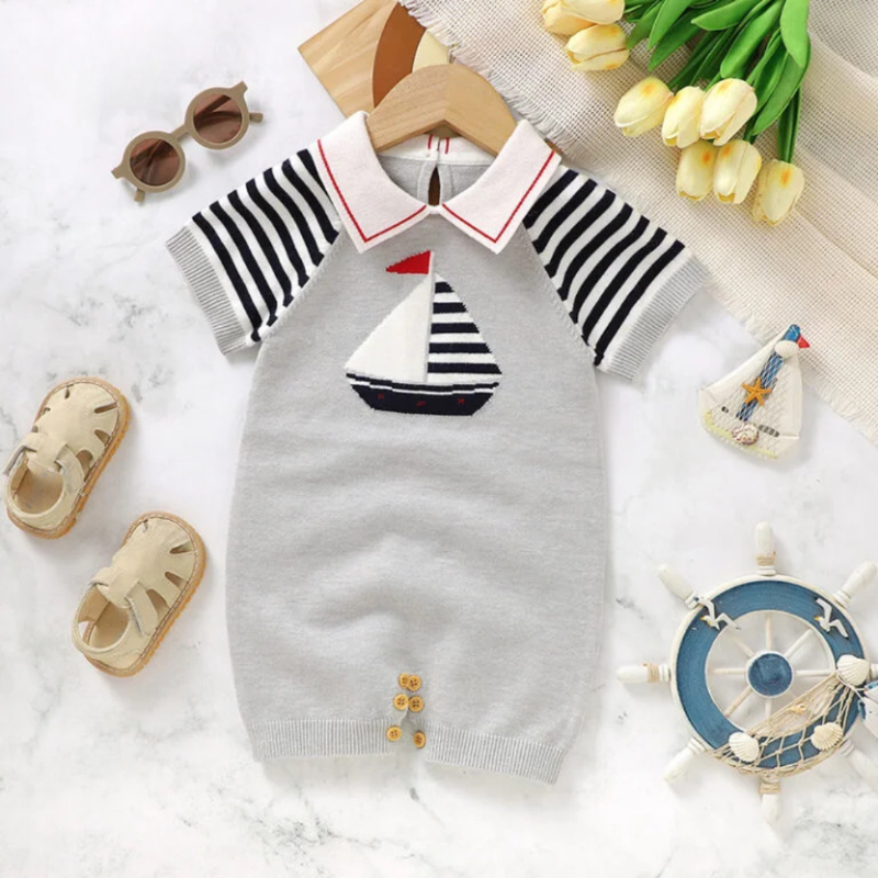 Baby romper with sailor theme – knitted sleeve one-piece