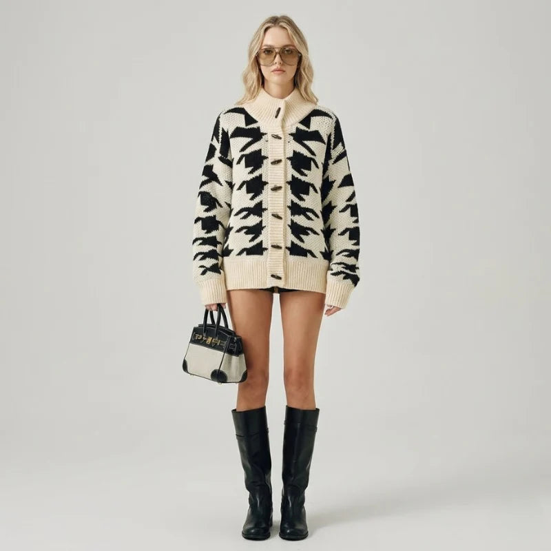 Women’s Black & White Cardigan – Warm Buttoned Knit Layer for Everyday Wear