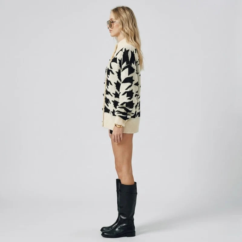 Women’s Black & White Cardigan – Warm Buttoned Knit Layer for Everyday Wear