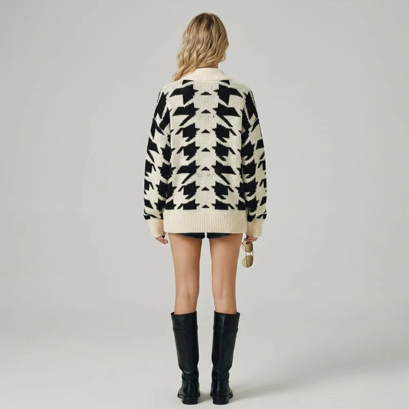 Women’s Black & White Cardigan – Warm Buttoned Knit Layer for Everyday Wear
