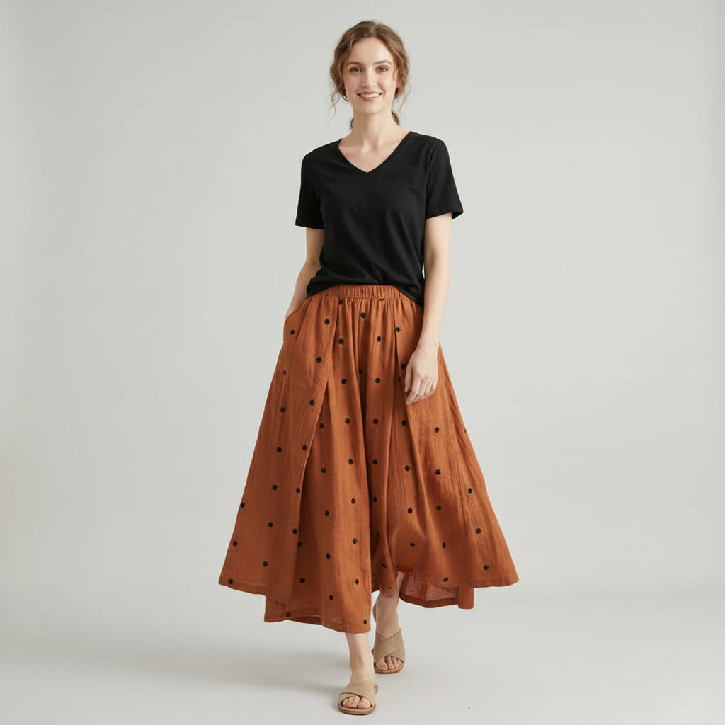 Women’s High-Waist Polka Dot Midi Skirt – Flowy A-Line Swing Skirt with Side Pockets for Casual Chic Style