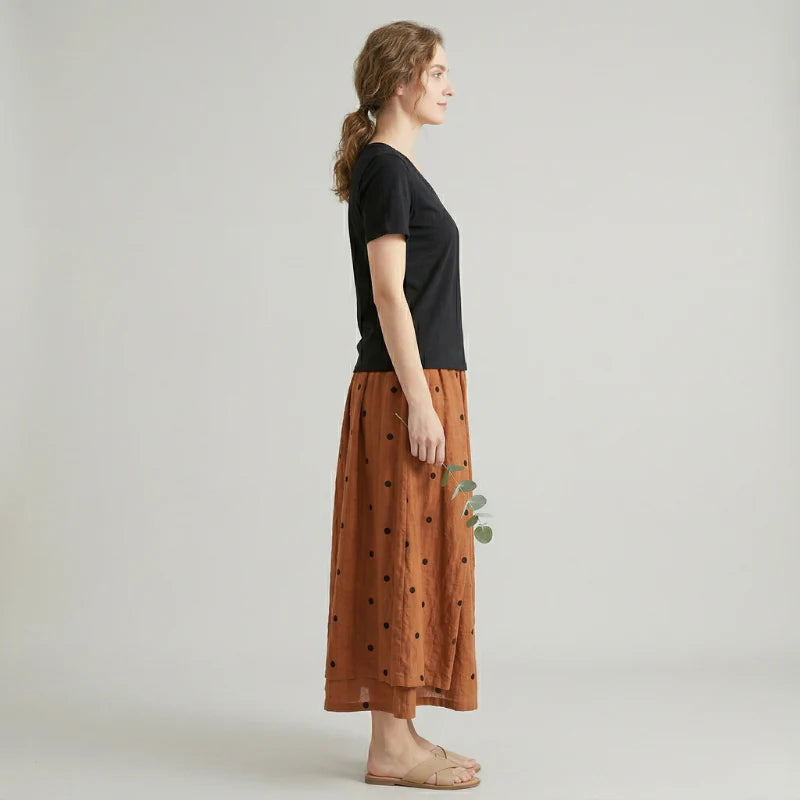 Women’s High-Waist Polka Dot Midi Skirt – Flowy A-Line Swing Skirt with Side Pockets for Casual Chic Style
