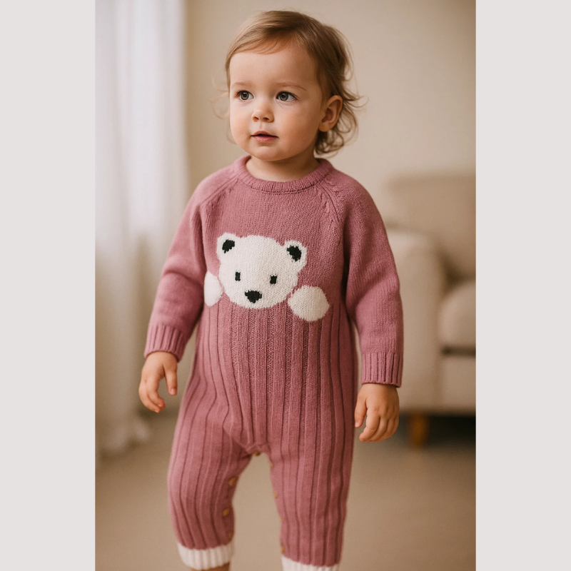 Charming knitted jumpsuit with animal motif for babies - Cozy suit with long sleeves