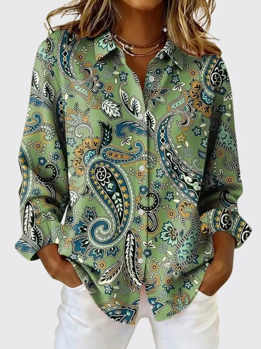 Joanna | Paisley-Print Button-Down Long-Sleeve Shirt - Casual Lapel Collar Blouse