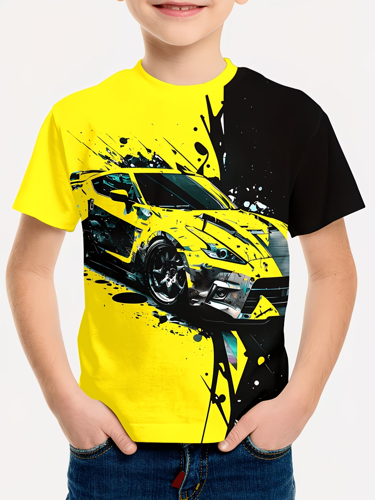 Boys Speed Track Graphic T Shirt – Neon Race Print Short Sleeve Crew Neck Casual Shirt