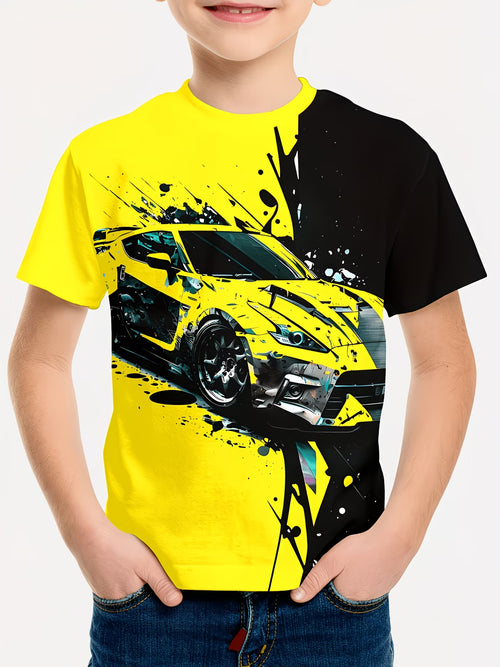 Boys Speed Track Graphic T Shirt – Neon Race Print Short Sleeve Crew Neck Casual Shirt