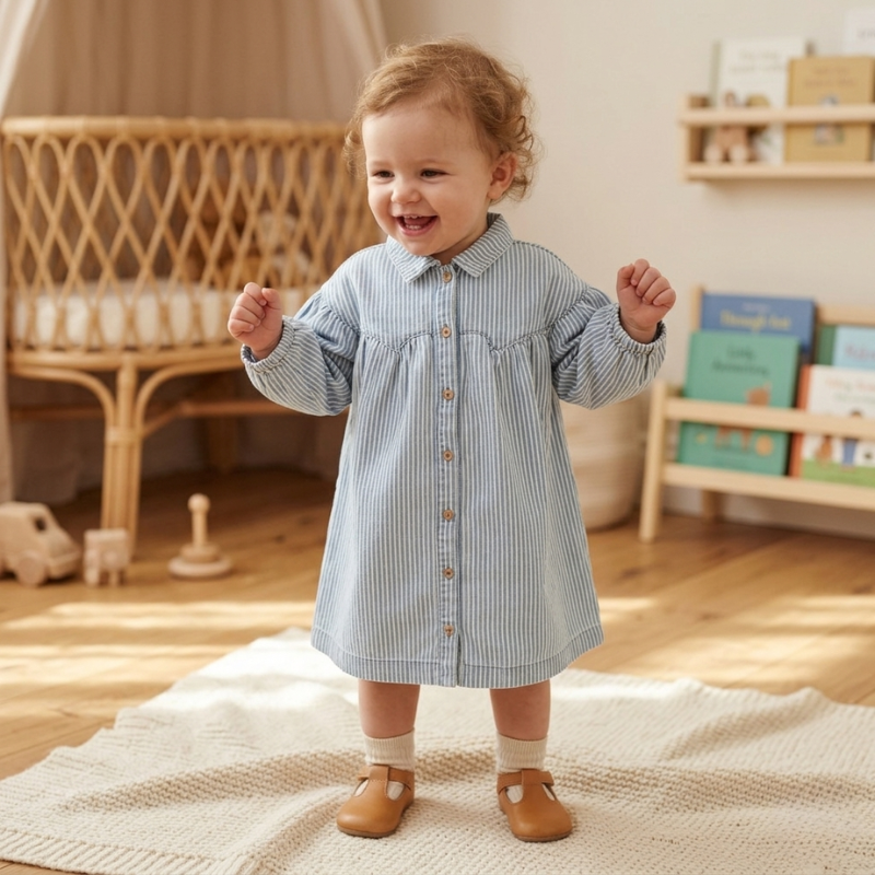 Blue Striped Denim Shirt Dress – Casual Button-Down Midi Dress with Classic Vertical Stripes