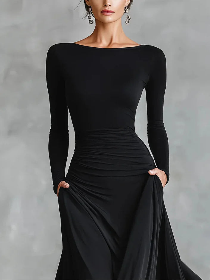 Ceri | Boat-Neck Ruched-Waist Flared Maxi Dress - Elegant Structured Apparel