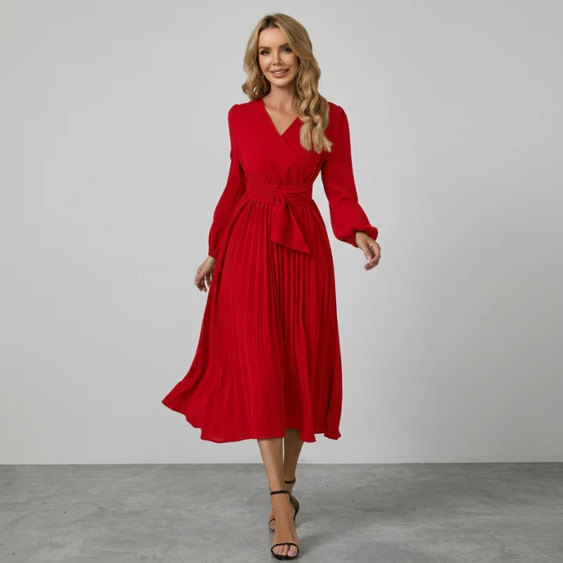 Women’s Pleated Midi Dress – Chic Formal Cocktail Outfit for Special Occasions