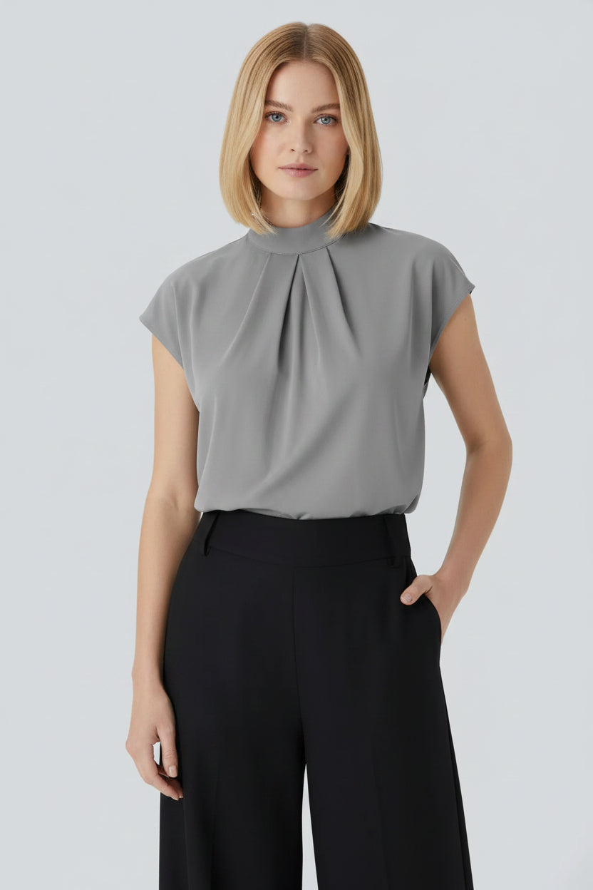 Women’s High-Neck Office Blouse – Short Sleeve Professional Work Top