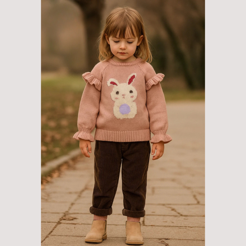 Cozy cotton sweater for baby girls - pleated sleeves with rabbit motif