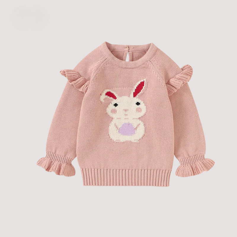 Cozy cotton sweater for baby girls - pleated sleeves with rabbit motif
