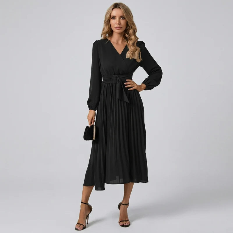 Women’s Pleated Midi Dress – Chic Formal Cocktail Outfit for Special Occasions