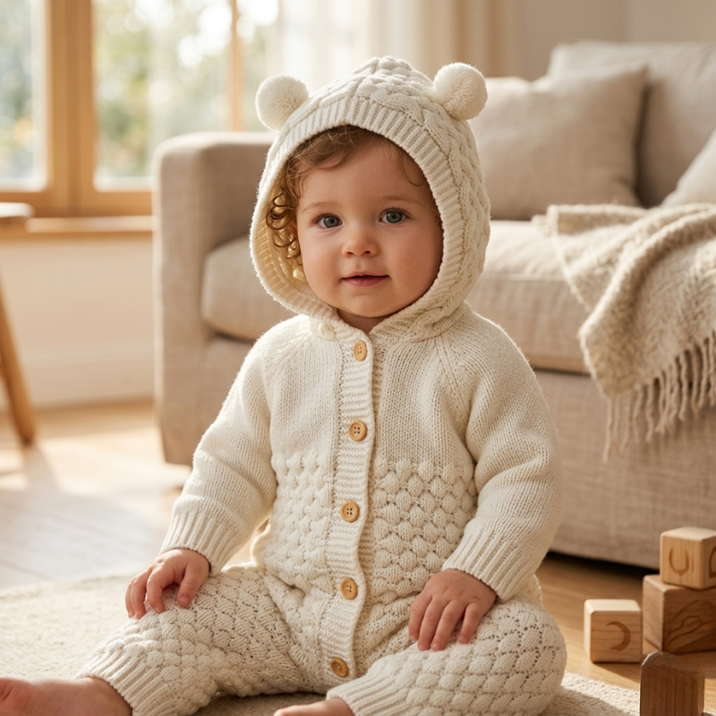 Baby’s Cozy Knitted Hoodie Romper – Long Sleeve Newborn Jumpsuit