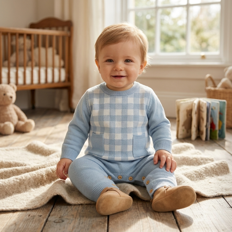Baby’s Premium Knitted Tartan Bodysuit – Cozy Newborn Jumpsuit