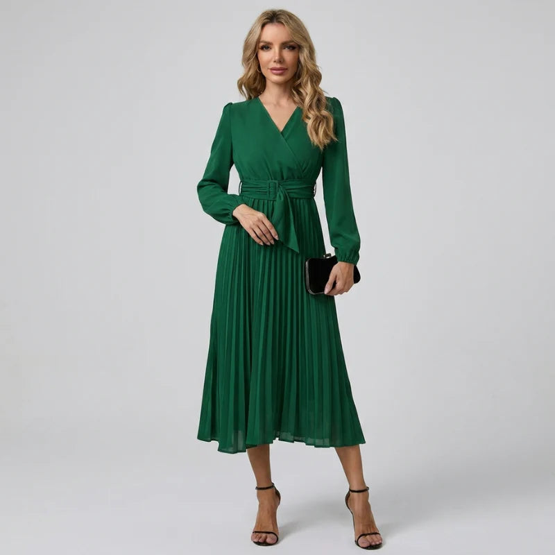Women’s Pleated Midi Dress – Chic Formal Cocktail Outfit for Special Occasions