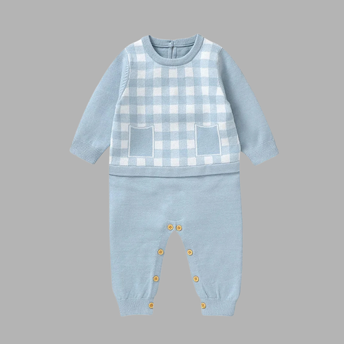 Baby’s Premium Knitted Tartan Bodysuit – Cozy Newborn Jumpsuit