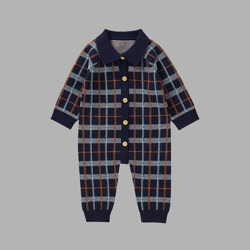 Baby Boy’s Knitted Tartan Romper – Long Sleeve Cozy Jumpsuit