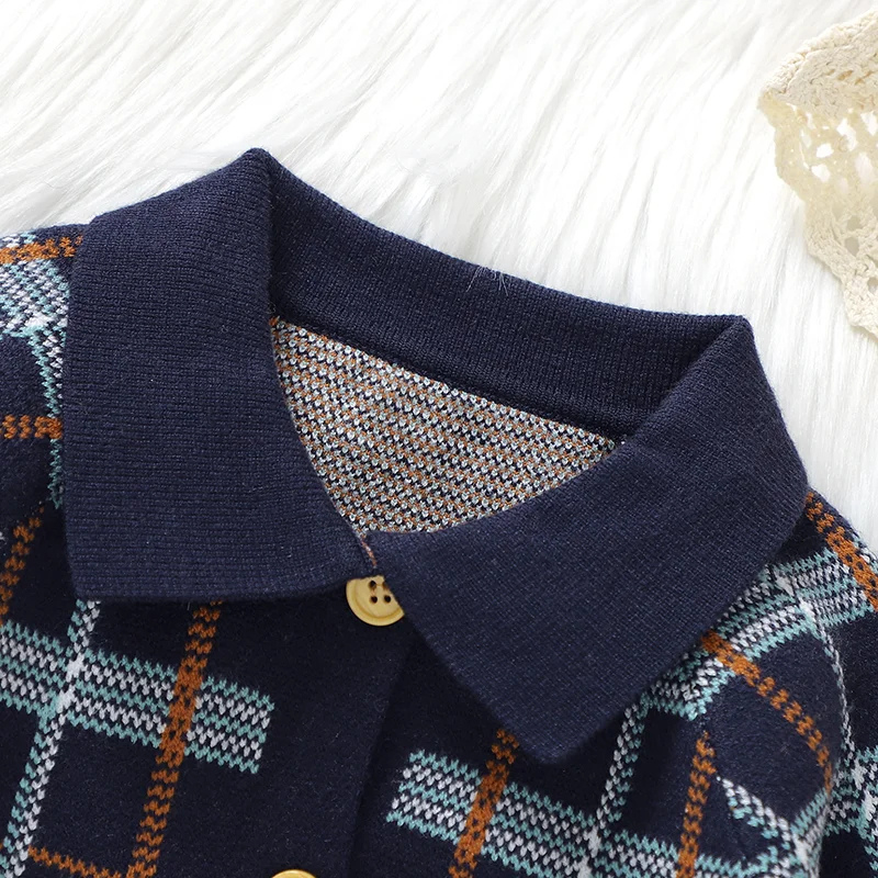 Baby Boy’s Knitted Tartan Romper – Long Sleeve Cozy Jumpsuit