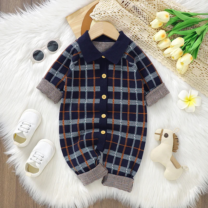 Baby Boy’s Knitted Tartan Romper – Long Sleeve Cozy Jumpsuit
