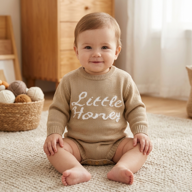 Baby’s Hand-Knit Embroidered Romper – Soft & Cozy Newborn Jumpsuit