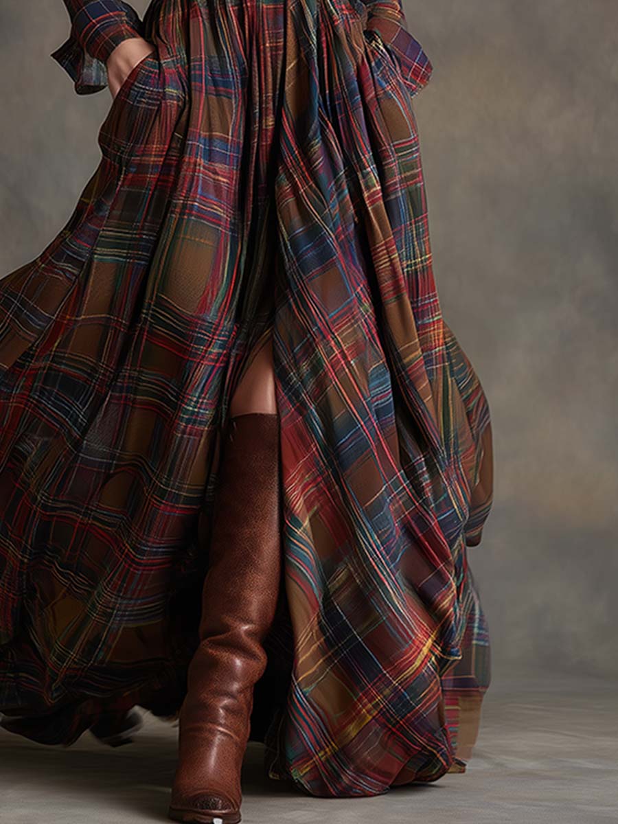 Anwen | Plaid-Pattern Lapel-Collar Belted Maxi Dress - Long-Sleeve Button-Front