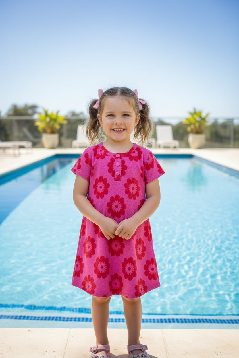 Kids Red Blossom Towelling Dress – Cozy Floral Summer Beach Outfit for Girls