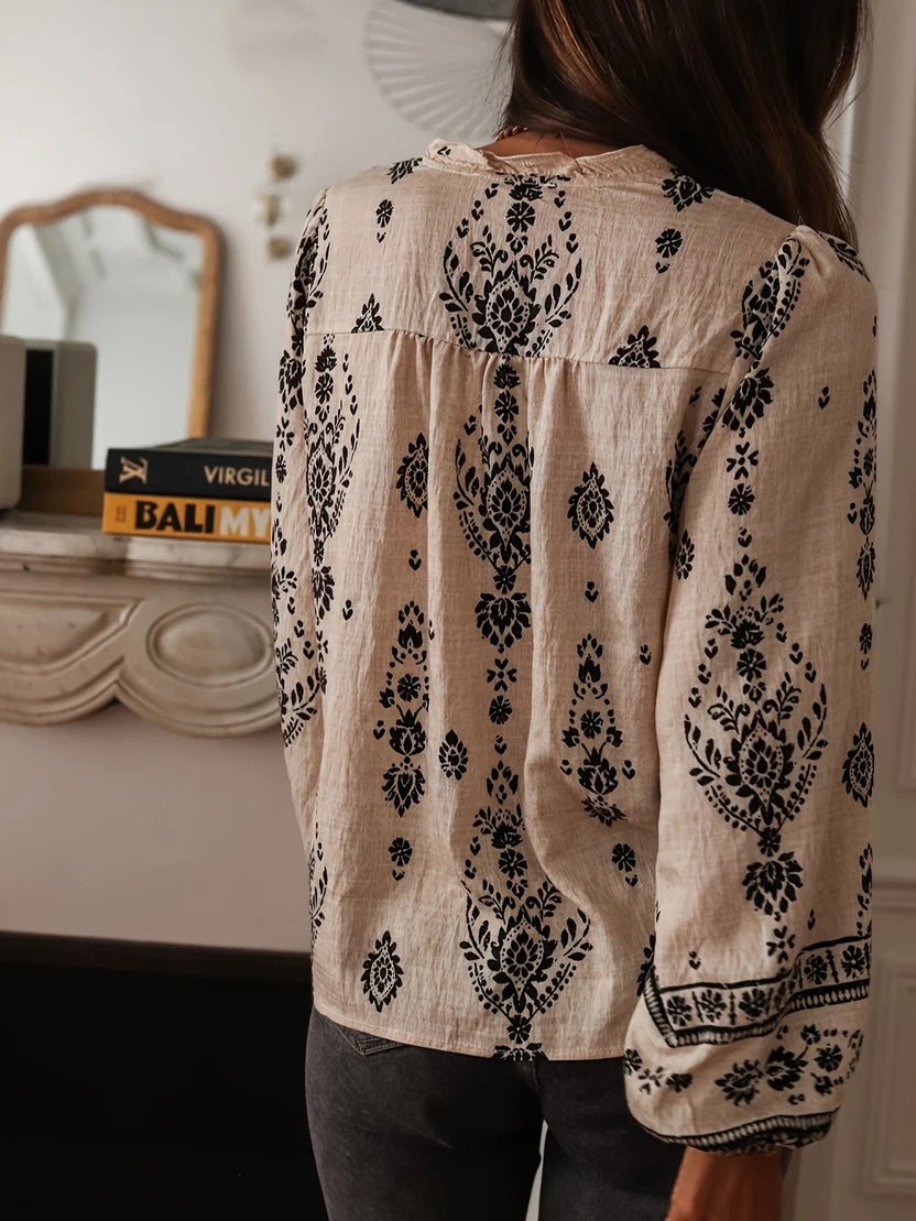 Women’s Printed Blouse – Relaxed Fit Top with Statement Lantern Sleeves
