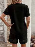 Emma | Lace Crochet Two-Piece Set – Elegant V-Neck Short Sleeve Top with Matching Summer Shorts