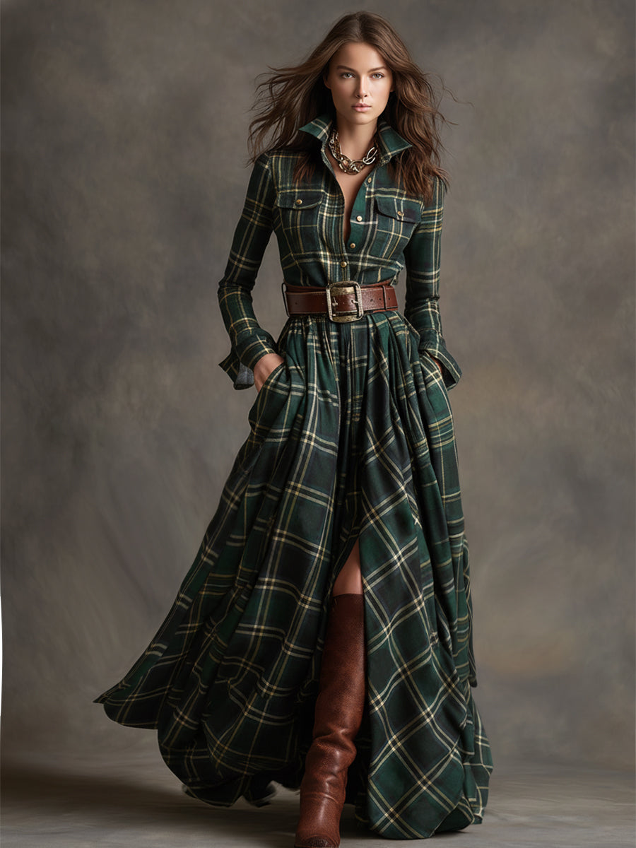 Anwen | Plaid-Pattern Lapel-Collar Belted Maxi Dress - Long-Sleeve Button-Front
