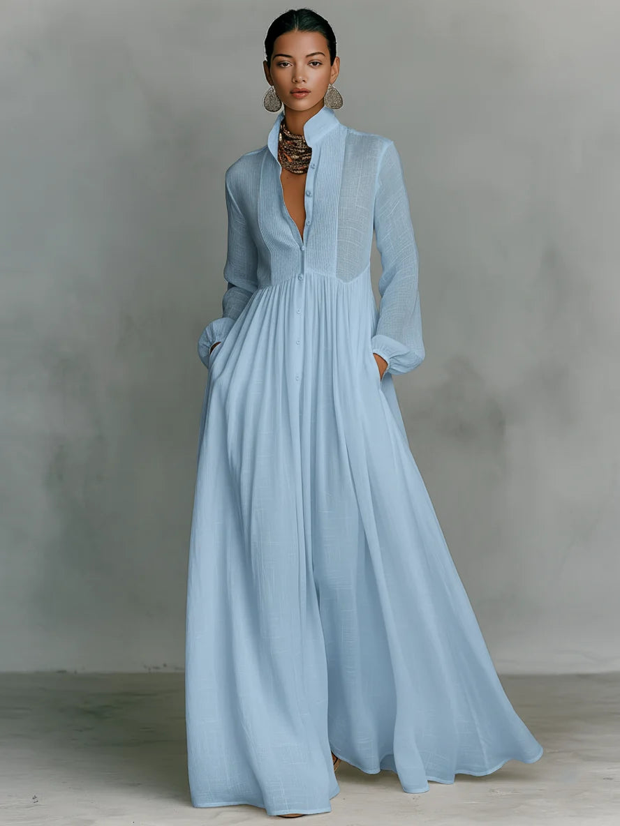 Bernadette | Pleated-Top Long-Sleeve Button-Front Maxi Dress - Elegant White Resort Wear