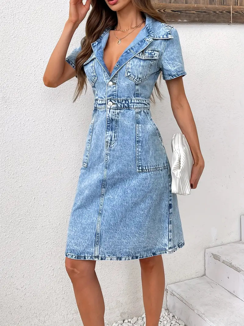 Women's Curve-Hugging Denim Mini Dress – Stylish Short Sleeve Bodycon Jean Dress