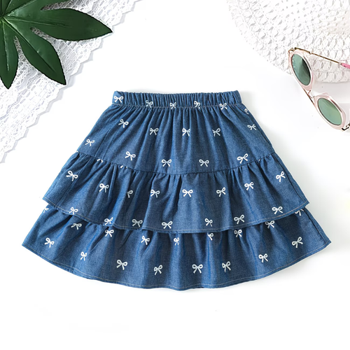 Girls Ribbon Denim Ruffle Skirt – Tiered Layered Summer Jean Skirt with Elastic Waist, Cute Casual Fashion
