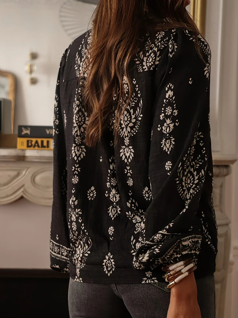 Women’s Printed Blouse – Relaxed Fit Top with Statement Lantern Sleeves