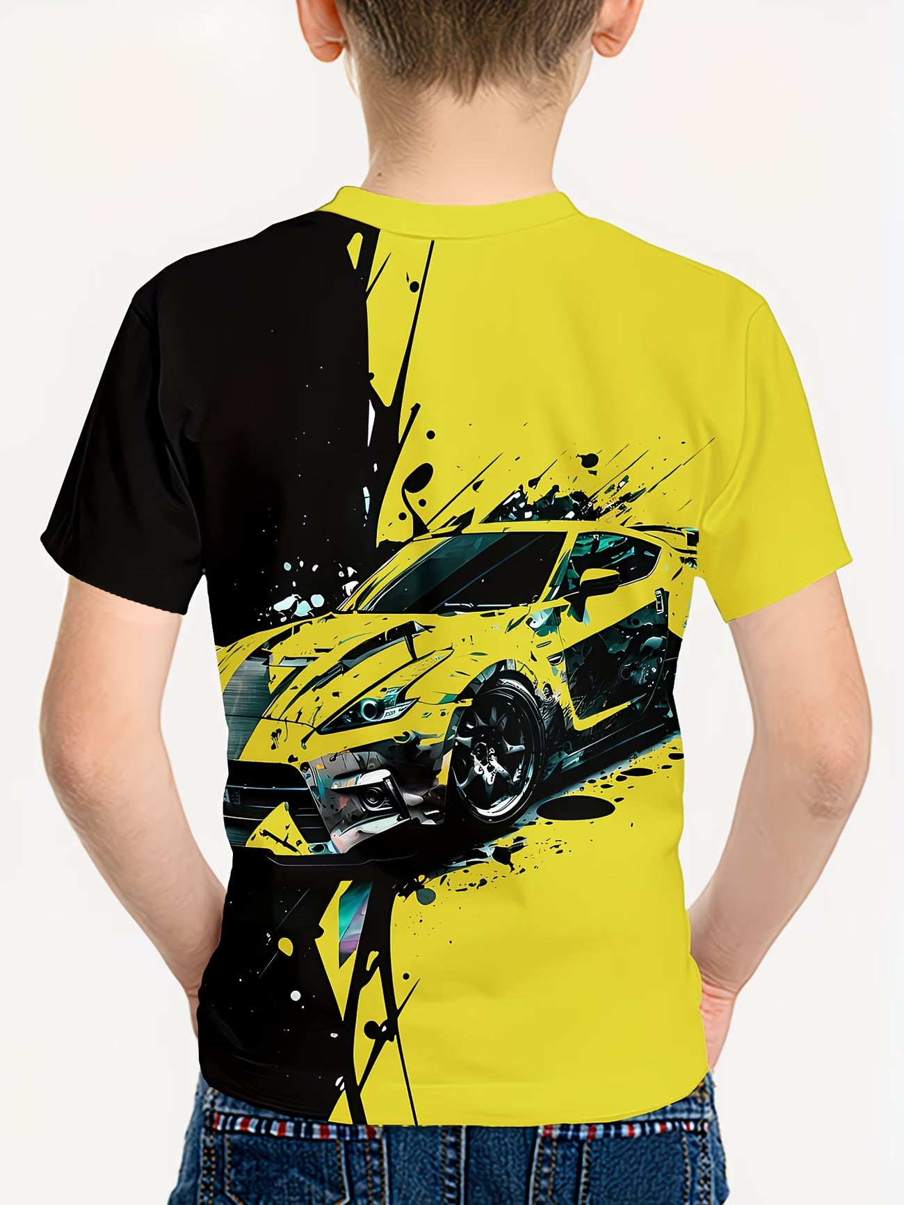 Boys Speed Track Graphic T Shirt – Neon Race Print Short Sleeve Crew Neck Casual Shirt