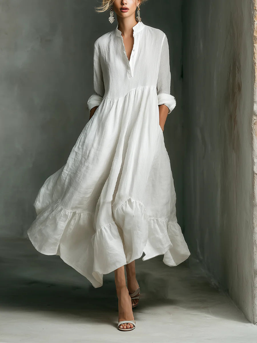 Cora | White Ruffle Maxi Dress – Long Sleeve Flowing Dress