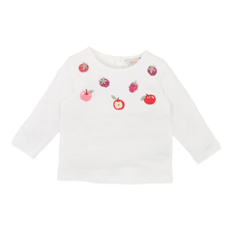 Sweet Orchard Fruit Stitch Long Sleeve Top – Cozy Cloud Cream Children’s Tee