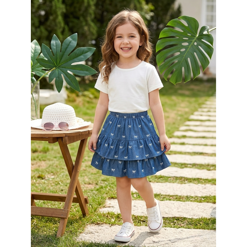 Girls Ribbon Denim Ruffle Skirt – Tiered Layered Summer Jean Skirt with Elastic Waist, Cute Casual Fashion