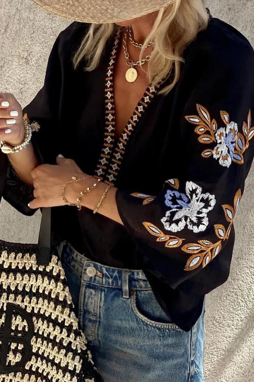 Women’s Artisan Embroidered Boho Top – Elegant Black V-Neck Blouse with Intricate Folk-Inspired Details